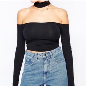 AMERICAN APPAREL BLACK HALTER CROP TOP - LONG SLEEVE